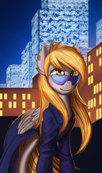 Size: 2769x4706 | Tagged: safe, artist:rublegun, derpy hooves, pegasus, pony, city, clothes, coat, cyberpunk, female, folded wings, mare, solo, suit, sunglasses