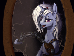 Size: 2000x1500 | Tagged: safe, artist:madhotaru, trixie, pony, unicorn, amputee, female, mare, mirror, prosthetics, solo