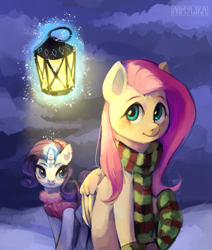 Size: 1100x1300 | Tagged: safe, artist:cloudlama, fluttershy, rarity, pegasus, pony, unicorn, blushing, clothes, duo, evening, female, lantern, mare, night, scarf, socks, striped socks, winter