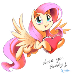 Size: 800x804 | Tagged: safe, artist:shira-hedgie, fluttershy, pegasus, pony, cute, floating, heart, holding, looking at you, shyabetes, simple background, solo, spread wings, valentine's day