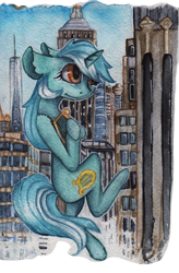 Size: 1228x1871 | Tagged: safe, artist:rinioshi, lyra heartstrings, pony, city, giant pony, lyre, macro, solo, traditional art, watercolor painting