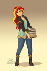 Size: 1280x1913 | Tagged: safe, artist:fairdahlia, sunset shimmer, equestria girls, book, cleavage, female, smiling, solo