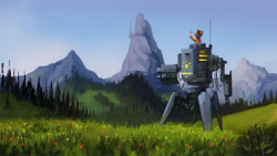 Size: 800x450 | Tagged: safe, artist:asimos, oc, oc only, butterfly, canterlot, canterlot mountain, forest, meadow, mecha, mountain, scenery, solo, tabun art-battle