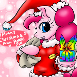 Size: 640x640 | Tagged: safe, artist:animecreator, pinkie pie, earth pony, pony, semi-anthro, 1100000, clothes, heart, hoof hold, looking at you, merry christmas, milestone, open mouth, present, santa costume, smiling, solo