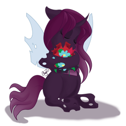 Size: 1600x1600 | Tagged: safe, artist:dr-whiskey, oc, oc only, oc:vespidae, changeling, eyes closed, female, flower, purple changeling, solo