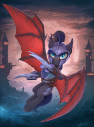 Size: 1675x2250 | Tagged: safe, artist:yakovlev-vad, oc, oc only, oc:au hasard, bat pony, pony, armor, badass, claws, flying, helmet, hoof blades, moon, night guard, royal guard, smirk, solo, spread wings, weapon