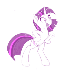 Size: 888x1000 | Tagged: safe, artist:dstears, twilight sparkle, pony, behaving like a bird, chicken dance, monochrome, open mouth, purple, silly, silly pony, simple background, solo, white background