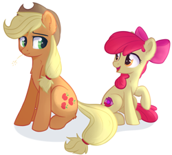 Size: 2307x2080 | Tagged: safe, artist:kaylemi, apple bloom, applejack, earth pony, pony, apple sisters, chest fluff, cutie mark, duo, duo female, female, filly, foal, looking at each other, looking back, looking sideways, mare, open mouth, open smile, raised hoof, siblings, simple background, sisters, sitting, smiling, smiling at each other, the cmc's cutie marks, white background