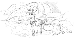 Size: 1134x579 | Tagged: safe, artist:gor1ck, princess luna, alicorn, pony, monochrome, moon, sketch, solo