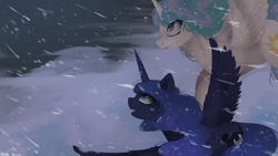 Size: 1920x1080 | Tagged: safe, artist:shellydreams, princess celestia, princess luna, alicorn, pony, the crystalling, blizzard, duo, flying, snow, snowfall