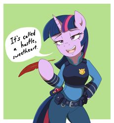 Size: 1875x2025 | Tagged: safe, artist:deannart, twilight sparkle, pony, semi-anthro, arm hooves, badge, belt, bipedal, crossover, dialogue, disney, disney style, feather, grin, hoof hold, judy hopps, lidded eyes, open mouth, pen, police officer, quill, quote, reference, smiling, smug, solo, speech bubble, zootopia