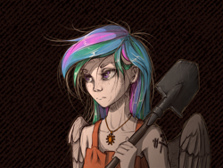 Size: 2000x1500 | Tagged: safe, artist:madhotaru, princess celestia, human, clothes, humanized, messy hair, shirt, shovel, solo, winged humanization