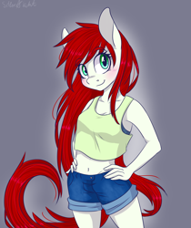 Size: 2100x2500 | Tagged: safe, artist:silbersternenlicht, oc, oc only, oc:primavera, anthro, belly button, clothes, commission, hand on hip, shorts, signature, solo, tanktop