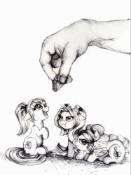 Size: 872x1163 | Tagged: safe, artist:buttersprinkle, adagio dazzle, aria blaze, sonata dusk, equestria girls, :t, behaving like a dog, cute, eyes on the prize, floppy ears, food, frown, glare, grumpy, hand, happy, micro, monochrome, open mouth, pen drawing, ponified, prone, sitting, size difference, smiling, sonataco, taco, the dazzlings, tiny, tiny ponies, traditional art