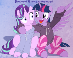 Size: 737x590 | Tagged: safe, artist:brianblackberry, starlight glimmer, twilight sparkle, twilight sparkle (alicorn), alicorn, pony, unicorn, bottomless, clothes, cute, female, glimmerbetes, hoodie, looking at each other, mare, meme, open mouth, partial nudity, sitting, socks, striped socks, twiabetes, wide eyes, x x everywhere