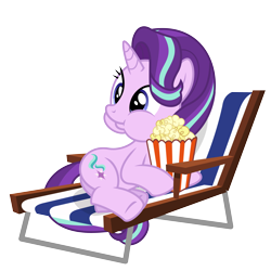 Size: 4000x4000 | Tagged: safe, artist:masem, starlight glimmer, pony, unicorn, the crystalling, .ai available, absurd resolution, aweeg*, beach, chair, deck chair, dis gon b gud, eating, food, lawn chair, popcorn, simple background, solo, transparent background, vector