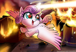 Size: 900x614 | Tagged: safe, artist:racoonsan, princess flurry heart, alicorn, pony, the crystalling, bad flurry!, cute, destruction, evil flurry heart, female, fire, flurry heart ruins everything, flurrybetes, flying, foal, grimcute, happy, magic, magic blast, open mouth, pure unfiltered evil, red eyes, red eyes take warning, solo, that baby sure does love mayhem, this will end in tears and/or death, weapons-grade cute, xk-class end-of-the-world scenario