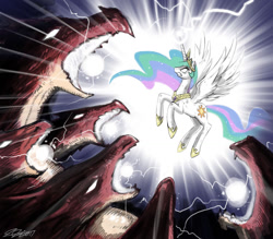 Size: 1200x1050 | Tagged: safe, artist:johnjoseco, princess celestia, alicorn, dragon, hydra, pony, badass, female, flying, glowing eyes, mare, multiple heads, photoshop