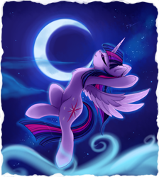 Size: 1600x1784 | Tagged: safe, artist:magnaluna, twilight sparkle, twilight sparkle (alicorn), alicorn, pony, eyes closed, female, flying, mare, moon, night, solo, spread wings, underhoof