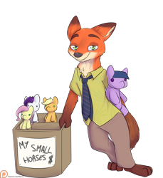 Size: 1650x1800 | Tagged: safe, artist:alasou, applejack, fluttershy, rarity, twilight sparkle, earth pony, fox, pegasus, pony, unicorn, bootleg, crossover, nick wilde, patreon, patreon logo, plushie, seems legit, simple background, smiling, smirk, transparent background, zootopia