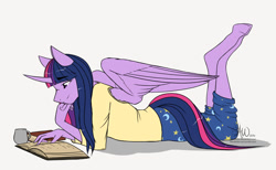 Size: 1280x788 | Tagged: safe, artist:fairdahlia, twilight sparkle, twilight sparkle (alicorn), anthro, unguligrade anthro, book, clothes, looking at something, lying down, pants, prone, reading, shirt, simple background, smiling, solo, white background
