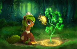 Size: 1920x1210 | Tagged: safe, artist:empalu, earth pony, pony, amalia, clothes, cute, earth pony magic, female, flower, fluffy, forest, grass, grin, looking up, magic, magic circle, mare, nature, ponified, raised hoof, raised leg, scenery, sitting, smiling, solo, tree, wakfu