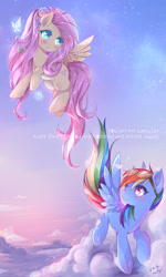 Size: 1450x2413 | Tagged: safe, artist:odaefnyo, fluttershy, rainbow dash, butterfly, pegasus, pony, beautiful, blushing, cloud, eye contact, female, flower, flower in hair, flutterdash, flying, goggles, heart, heart eyes, lesbian, looking at each other, phone wallpaper, shipping, signature, sky, smiling, spread wings, stars, text, wingding eyes