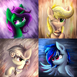 Size: 4000x4000 | Tagged: safe, artist:atlas-66, oc, oc only, oc:buggy code, oc:dandelion blossom, oc:osha, oc:yun flow, pony, abstract background, absurd resolution, bust, commission, female, icon, mare, portrait