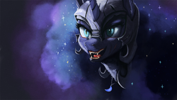 Size: 1920x1080 | Tagged: safe, artist:hierozaki, nightmare moon, pony, amulet, bust, fangs, female, helmet, mare, open mouth, portrait, scar, solo