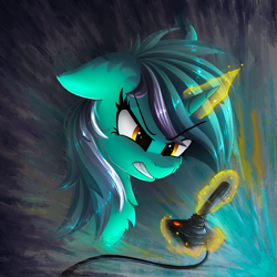 Size: 2000x2000 | Tagged: safe, artist:atlas-66, lyra heartstrings, pony, unicorn, atari, atari 2600, controller, female, floppy ears, gamer lyra, glowing horn, joystick, magic, mare, serious, serious face, solo