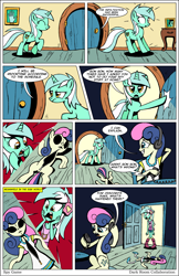 Size: 5053x7788 | Tagged: safe, artist:darkcollaboration, artist:lookmaidrew, bon bon, lyra heartstrings, sweetie drops, equestria girls, absurd resolution, bodysuit, comic, disguise, i can't believe it's not idw, mask, masking, ponysuit, secret agent sweetie drops, skinsuit, spy, what a twist