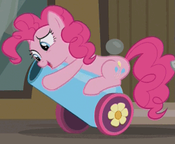 Size: 721x594 | Tagged: safe, screencap, pinkie pie, earth pony, pony, the gift of the maud pie, animated, cropped, loop, party cannon, raised eyebrow, sentimental value, stroking