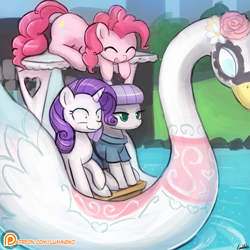 Size: 750x750 | Tagged: safe, artist:lumineko, maud pie, pinkie pie, rarity, earth pony, pony, unicorn, the gift of the maud pie, corral park, eyes closed, female, lake, manehattan, nervous, patreon, patreon logo, shipper on deck, smiling, swan boat, that was fast, water, wide eyes