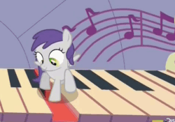 Size: 473x331 | Tagged: safe, screencap, tornado bolt, the gift of the maud pie, animated, background pony, big (movie), cute, discovery family logo, eyes closed, filly, happy, open mouth, piano, smiling, stomping, theme song, tornadorable