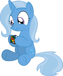 Size: 2000x2377 | Tagged: safe, artist:miketheuser, trixie, pony, unicorn, confused, cube, cute, cutie mark, diatrixes, female, filly, frown, high res, hoof hold, horn, rubik's cube, simple background, sitting, solo, toy, transparent background, underhoof, younger