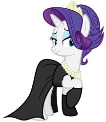 Size: 2080x2400 | Tagged: safe, artist:cheezedoodle96, rarity, pony, unicorn, the gift of the maud pie, .svg available, alternate hairstyle, audrey hepburn, bedroom eyes, black dress, breakfast at tiffany's, clothes, dress, evening gloves, female, gloves, gown, holly golightly, little black dress, mare, necklace, pearl necklace, simple background, smiling, solo, svg, tiara, transparent background, vector