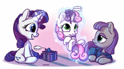 Size: 1800x1000 | Tagged: safe, artist:bobdude0, maud pie, rarity, sweetie belle, earth pony, pony, unicorn, the gift of the maud pie, clothes, cute, diasweetes, female, filly, magic, mare, maudabetes, present, raribetes, sisters, smiling