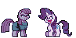 Size: 388x196 | Tagged: safe, artist:mrponiator, maud pie, rarity, earth pony, pony, unicorn, season 6, the gift of the maud pie, animated, behaving like pinkie pie, clothes, eyes closed, female, jumping, mare, open mouth, pixel art, pronking, simple background, smiling, transparent background