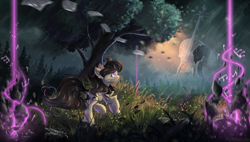 Size: 2000x1135 | Tagged: safe, artist:atlas-66, artist:melloncollie-chan, octavia melody, earth pony, pony, collaboration, fantasy, female, grass, mare, music notes, scenery, scenery porn, smiling, solo, tree