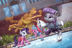 Size: 1920x1280 | Tagged: safe, artist:assasinmonkey, maud pie, pinkie pie, rarity, earth pony, pony, unicorn, the gift of the maud pie, balancing, clothes, dress, female, frown, grin, ice rink, ice skates, ice skating, mare, maudjestic, open mouth, raised hoof, raised leg, scene interpretation, skating, skirt, smiling, statue of prometheus, that was fast