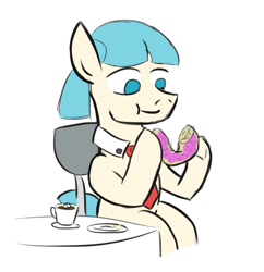 Size: 499x516 | Tagged: safe, artist:jargon scott, coco pommel, cocoa cantle, chair, donut, eating, rule 63, sitting, solo, table