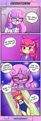 Size: 550x1622 | Tagged: safe, artist:lumineko, apple bloom, sweetie belle, anthro, earth pony, pony, unicorn, comic:science project, 4koma, apple bloomers, clothes, comic, glasses, one-piece swimsuit, school swimsuit, science, swimsuit