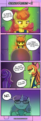 Size: 550x1622 | Tagged: safe, artist:lumineko, apple bloom, sweetie belle, anthro, earth pony, pony, unicorn, comic:science project, 4koma, apple bloomers, clothes, comic, glasses, one-piece swimsuit, school swimsuit, science, swimsuit