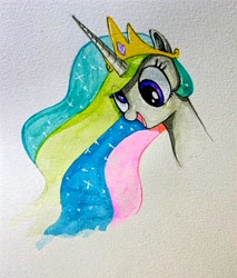 Size: 2677x3147 | Tagged: safe, artist:lisa-elburn, princess celestia, alicorn, pony, bust, derp, doodle, portrait, simple background, solo, traditional art, watercolor painting