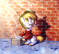 Size: 1200x1090 | Tagged: safe, artist:stasysolitude, earth pony, pony, clothes, colt, crepuscular rays, hat, mouth hold, ponified, scrooge mcduck, solo, sweater, the life and times of scrooge mcduck, unshorn fetlocks