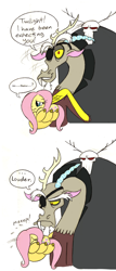 Size: 518x1215 | Tagged: safe, artist:mickeymonster, discord, fluttershy, draconequus, pegasus, pony, adorable distress, behaving like a cat, comic, cute, duo, eyepatch, female, fluttercat, james bond, mare, meep, meow, parody, photoshop, shyabetes, simple background, squeezin' it, white background