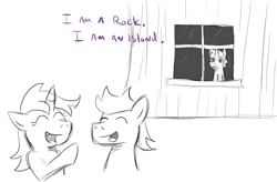 Size: 1022x670 | Tagged: safe, artist:jargon scott, dusk shine, twilight sparkle, i am a rock, rule 63, simon and garfunkel, song reference