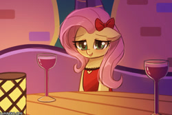 Size: 1125x750 | Tagged: safe, artist:lumineko, fluttershy, pegasus, pony, bow, bronybait, candle, clothes, cute, dialogue, digital art, dress, female, glass, hair bow, hearts and hooves day, mare, shyabetes, smiling, solo, wine glass