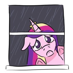 Size: 600x600 | Tagged: safe, artist:jargon scott, princess cadance, alicorn, pony, :c, against glass, frown, glass, no pupils, princess sadance, rain, sad, solo, window