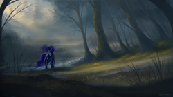 Size: 1920x1080 | Tagged: safe, artist:shamanguli, princess luna, alicorn, pony, cloud, crepuscular rays, eyes closed, forest, grass, lake, mountain, scenery, scenery porn, solo, tree, water